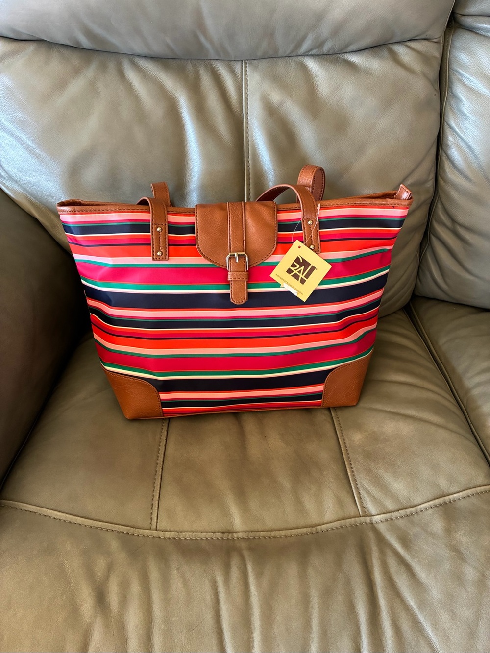 Striped Tote Bag with Brown Trim - Multi-Color